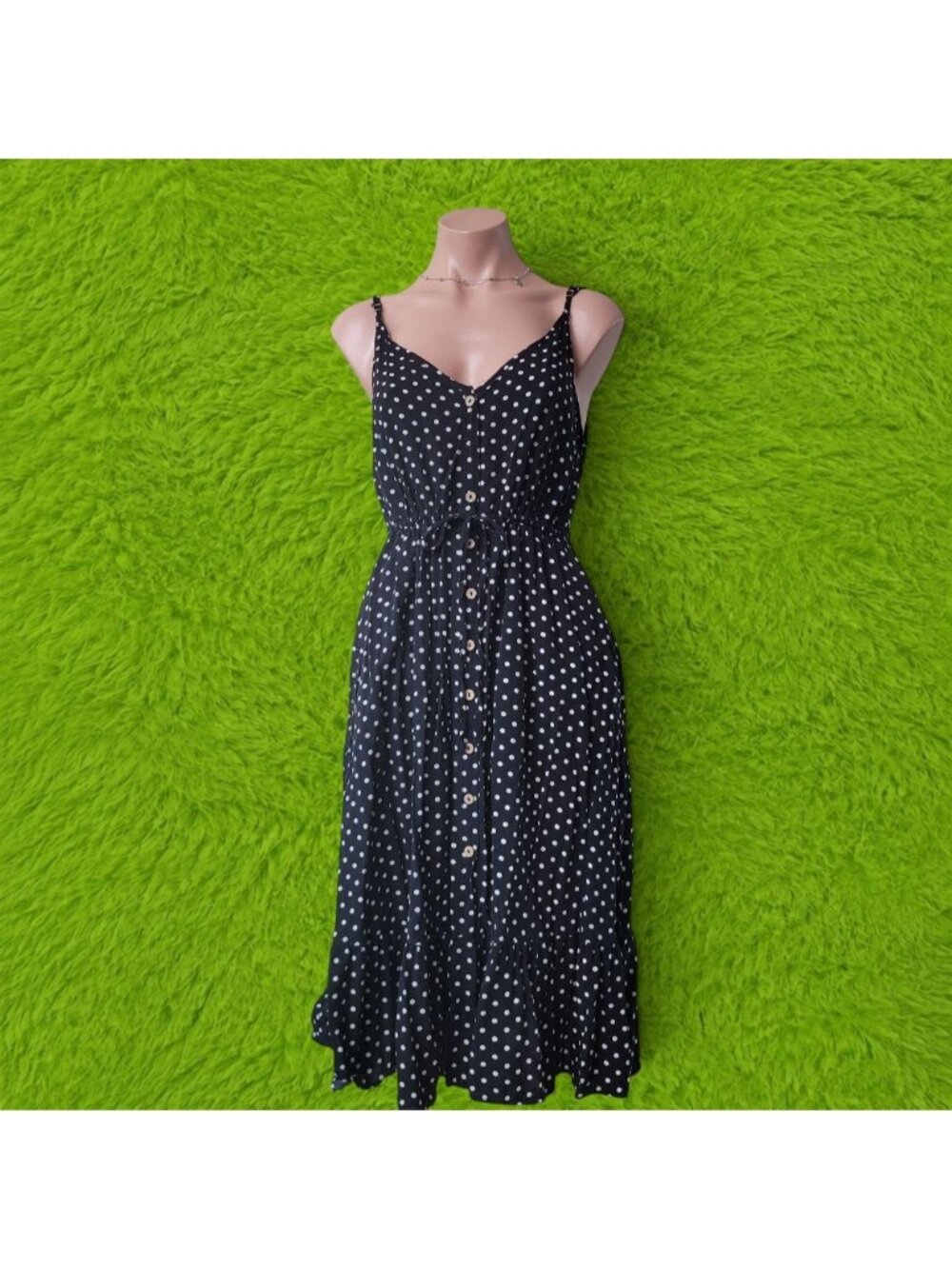 Black Polka Dot Tiered Ruffle Pocketed Maxi Sundress (One Size)